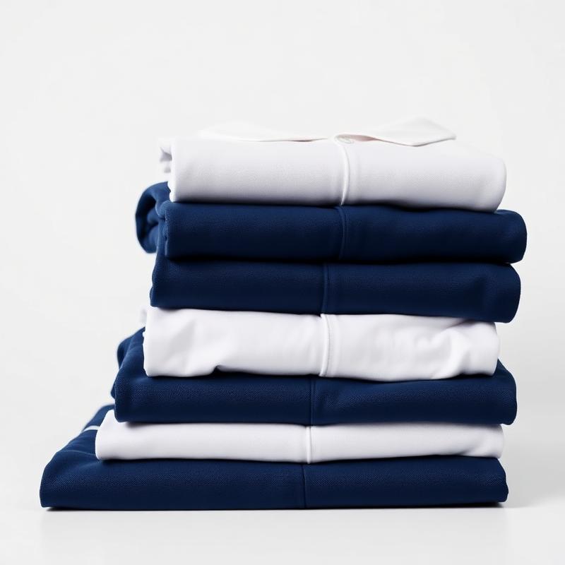 Stack of folded navy and white corporate branded t-shirts and polo shirts