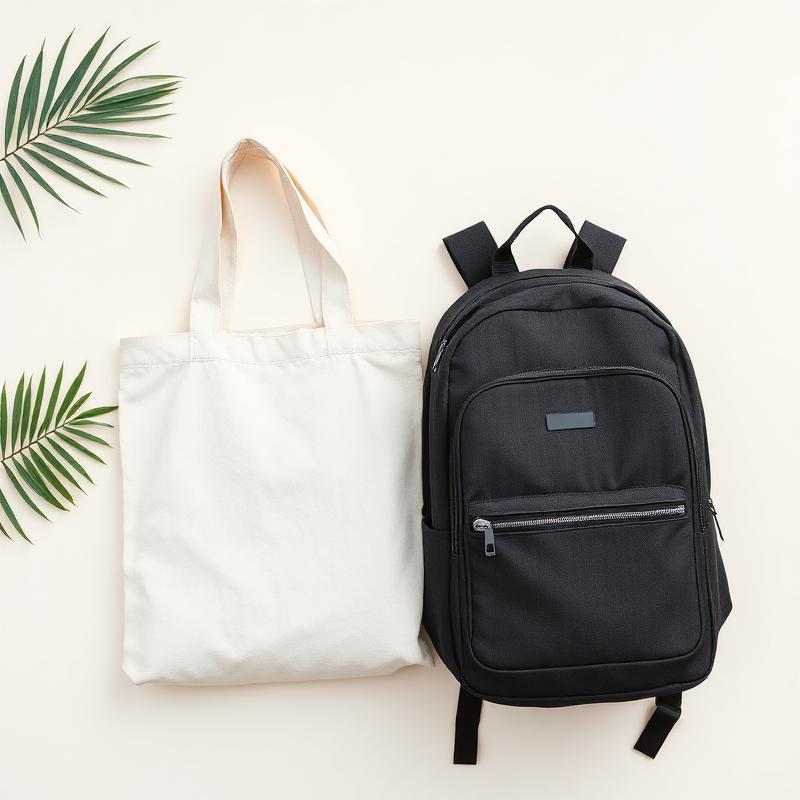 Eco cotton tote bag beside a black corporate laptop backpack