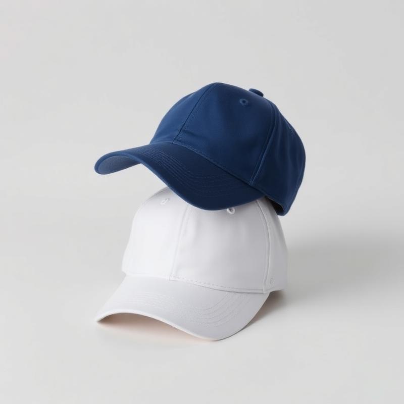 Navy and white baseball caps ready for embroidered branding