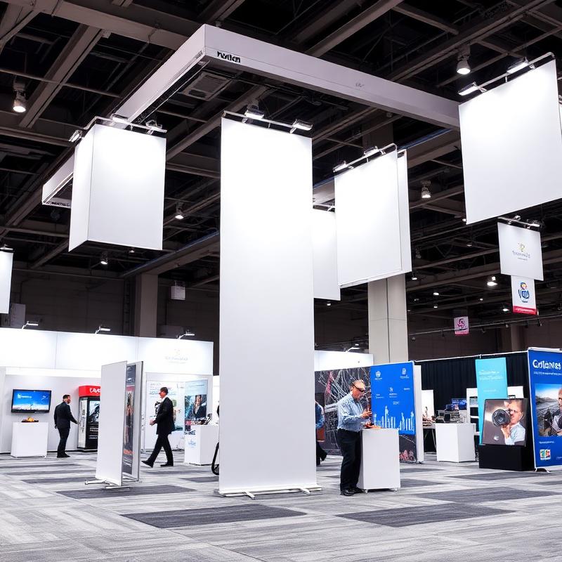 Trade show booth with roll-up banner stands and promotional display panels