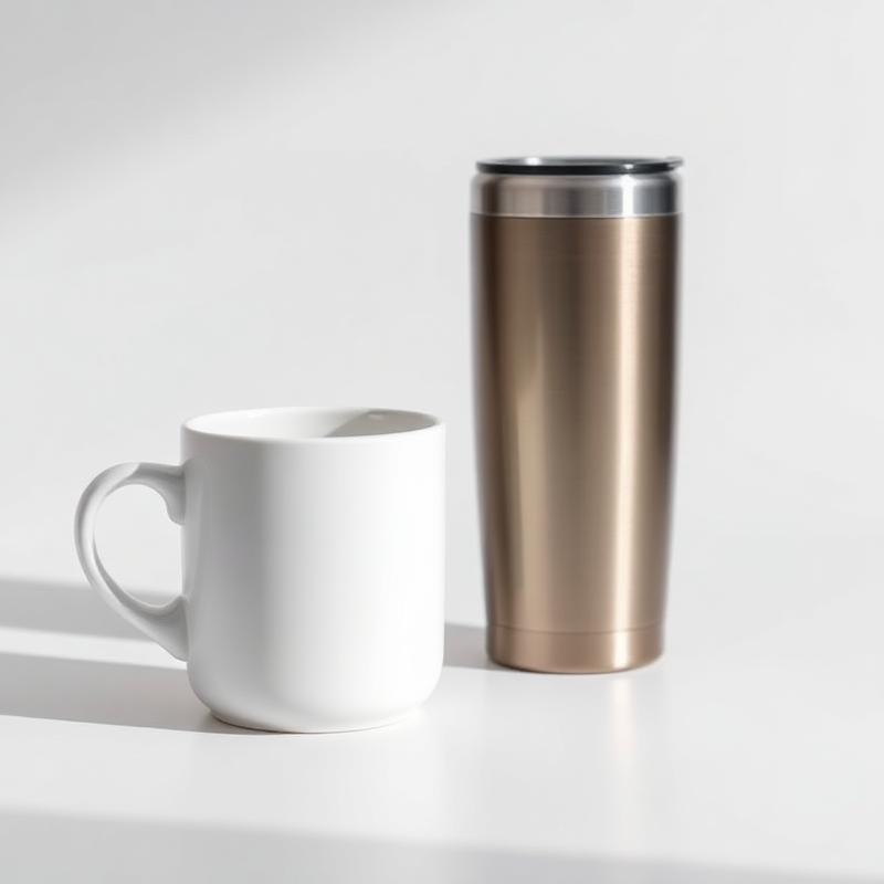 White ceramic mug next to a stainless steel insulated tumbler