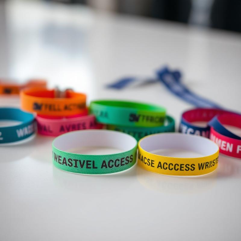 Colourful printed fabric event access wristbands and lanyards on a white surface