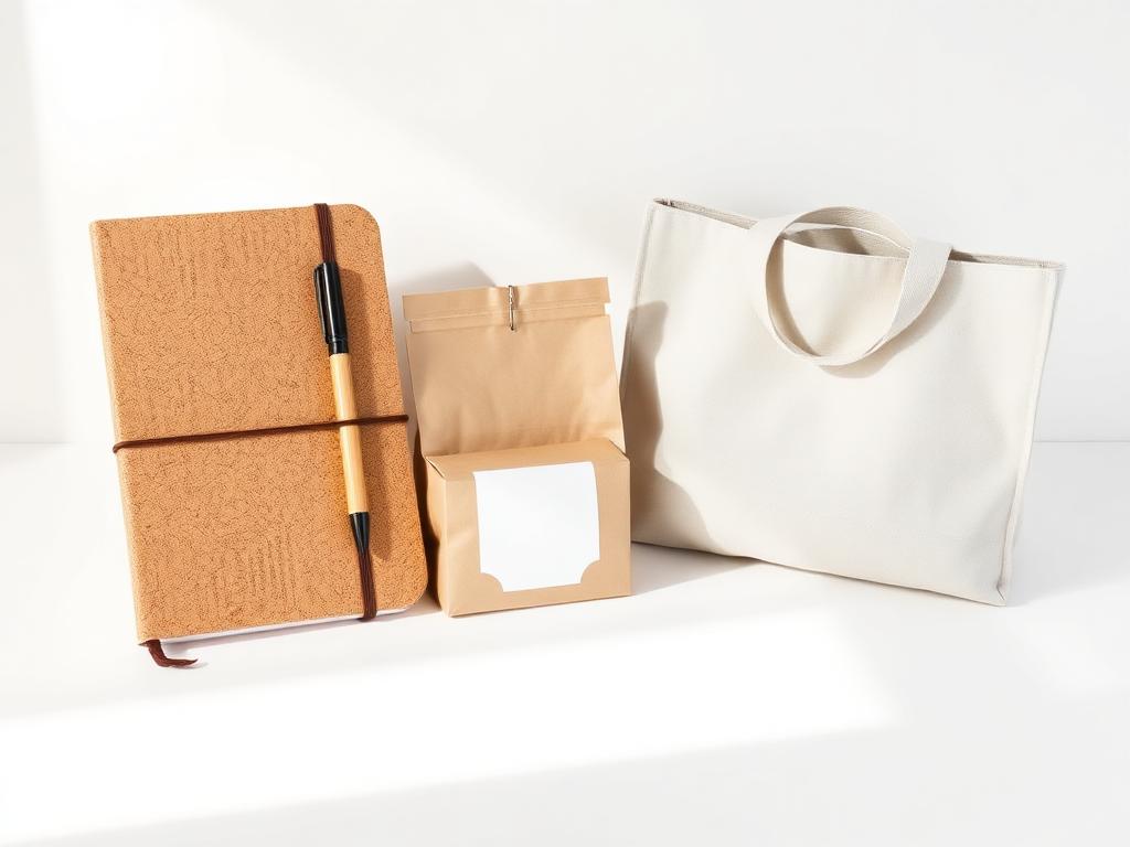 Eco-friendly corporate gifts including cork notebook, bamboo pen and cotton tote