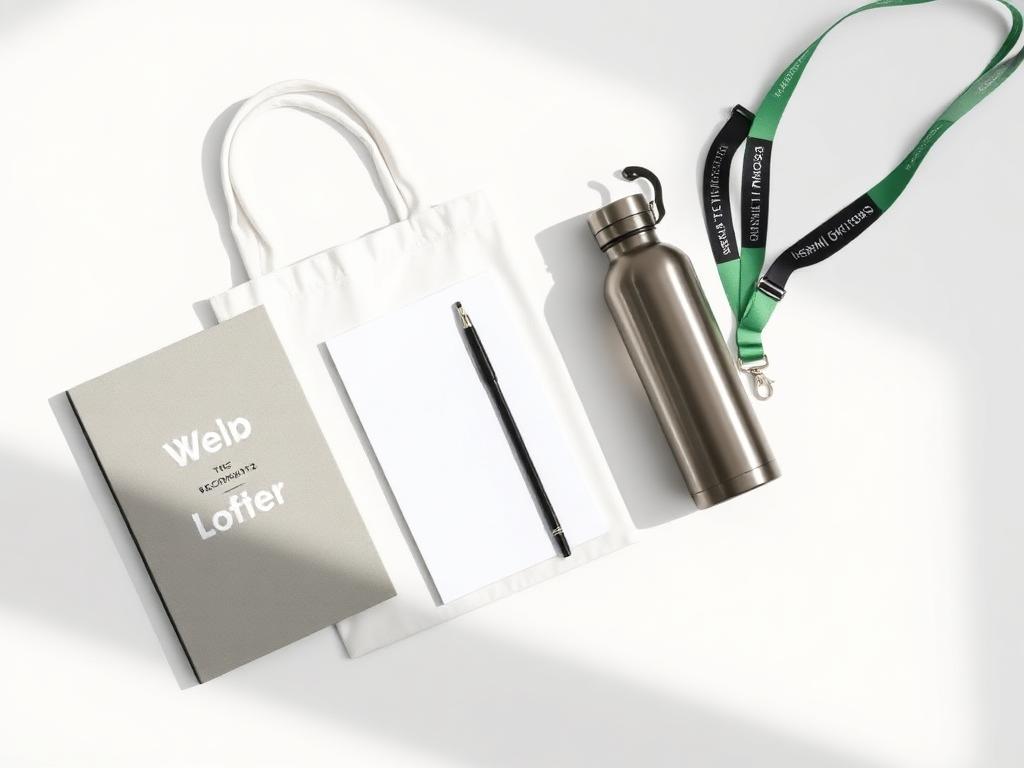Corporate welcome kit with branded notebook, tote bag, bottle and lanyard